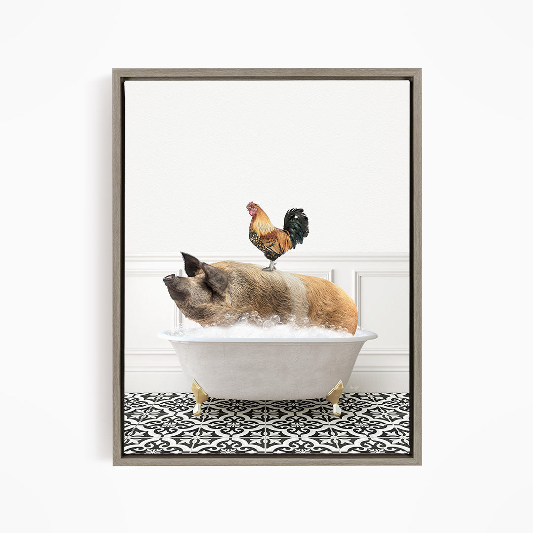 A rooster sits atop a pig in a bathtub, creating a whimsical and humorous scene.