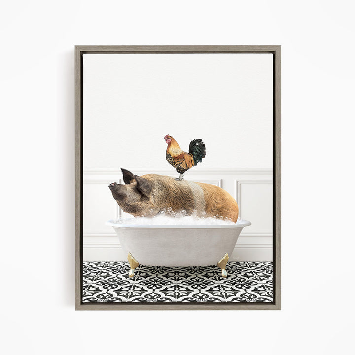 A rooster sits atop a pig in a bathtub, creating a whimsical and humorous scene.