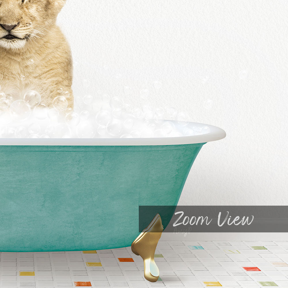 A cat sitting in a green bathtub filled with bubbles, with a text overlay that reads "Zoom View".