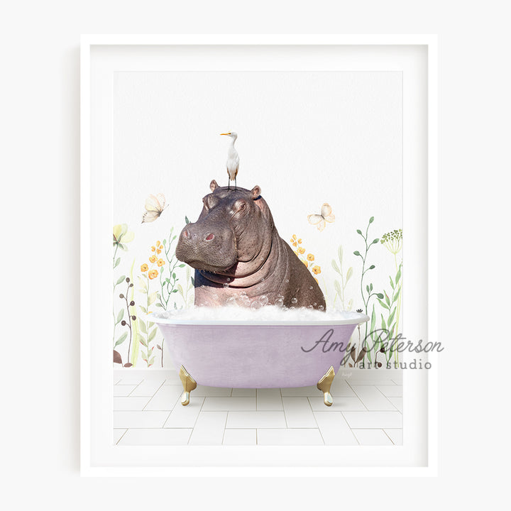 a hippo in a bathtub with a bird on top of it