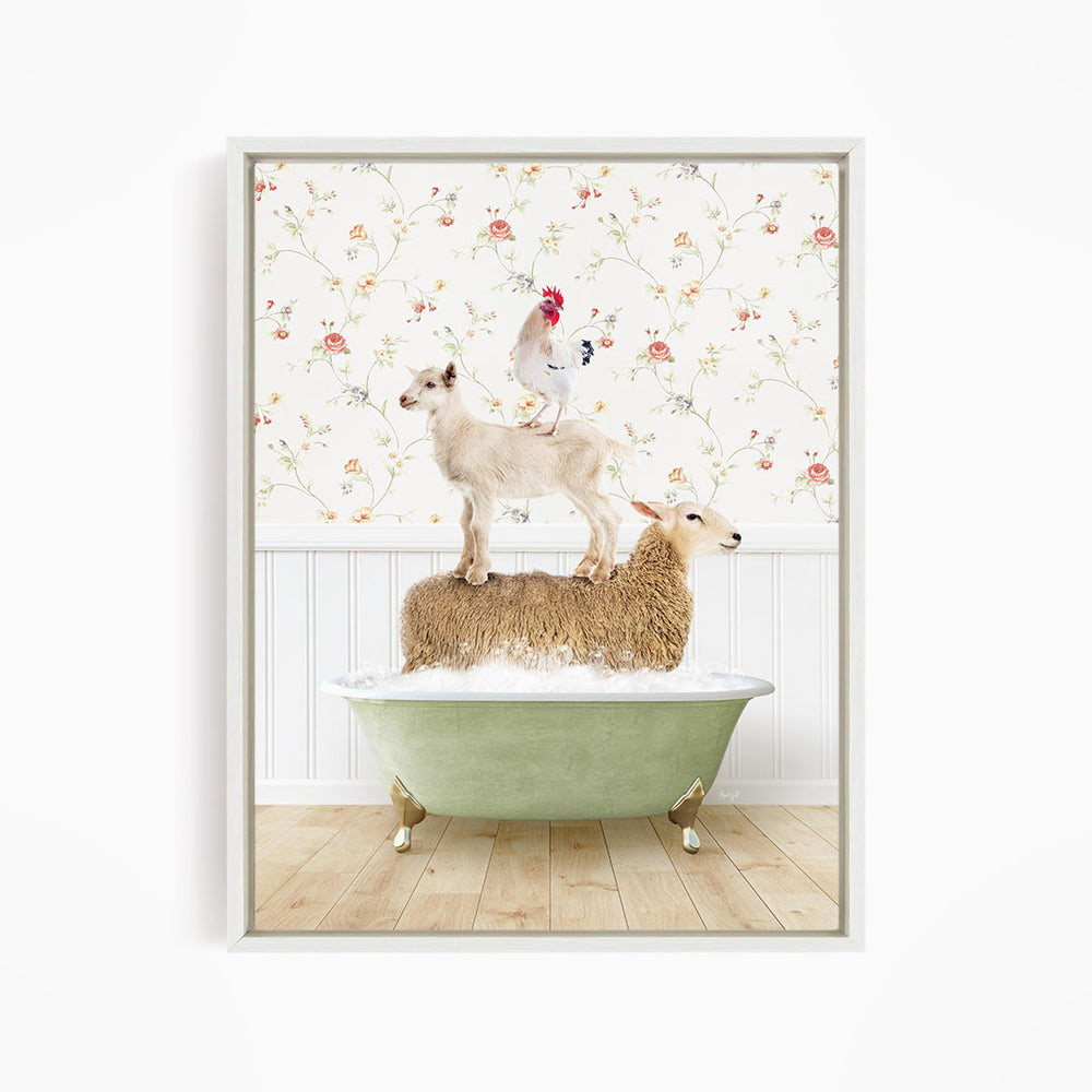 A sheep standing on a tub of water, with a chicken perched on top, against a floral wallpaper background.