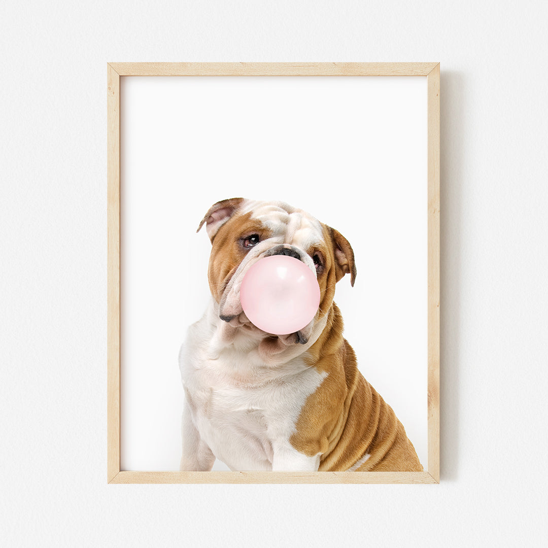 a brown and white dog with a pink bubble in it's mouth