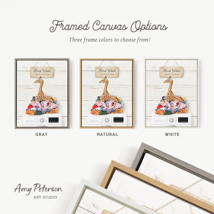 three framed canvas options, each featuring a different color and frame style. The options include a gray frame, a natural frame, and a white frame. The text above the options reads " Framed Canvas Options Three frame colors to choose from!".