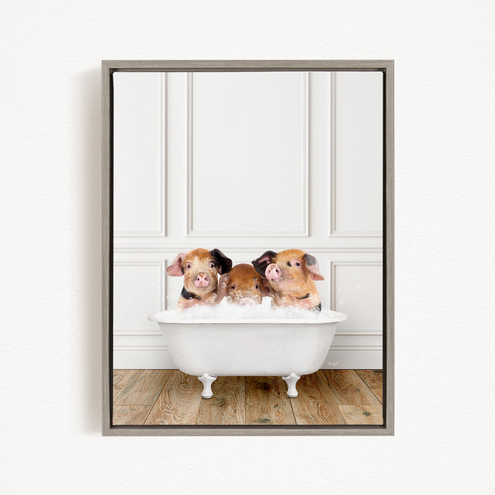 Three adorable pigs sitting in a white bathtub, enjoying a relaxing bath.