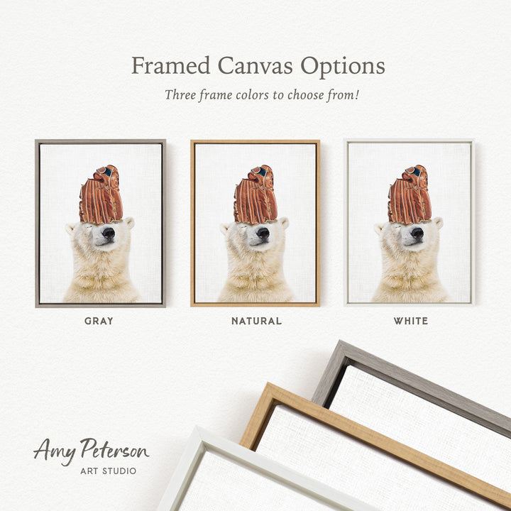 The image is a framed canvas option showcasing three different frame colors: gray, natural, and white. The image features a polar bear wearing a hat, and the text indicates that there are three frame colors to choose from.
