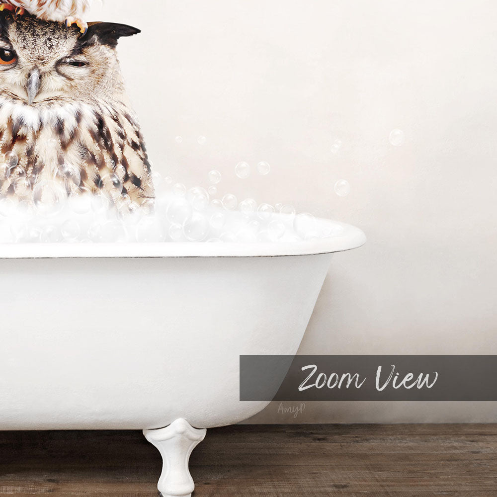 An owl sitting in a white bathtub filled with bubbles, creating a whimsical and playful scene.