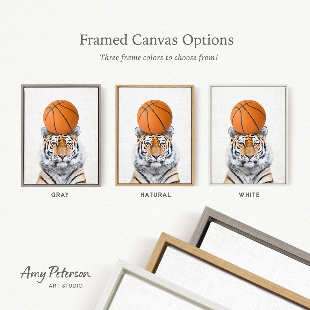 three framed canvas options featuring a tiger with a basketball on its head, each in a different frame color: gray, natural, and white.