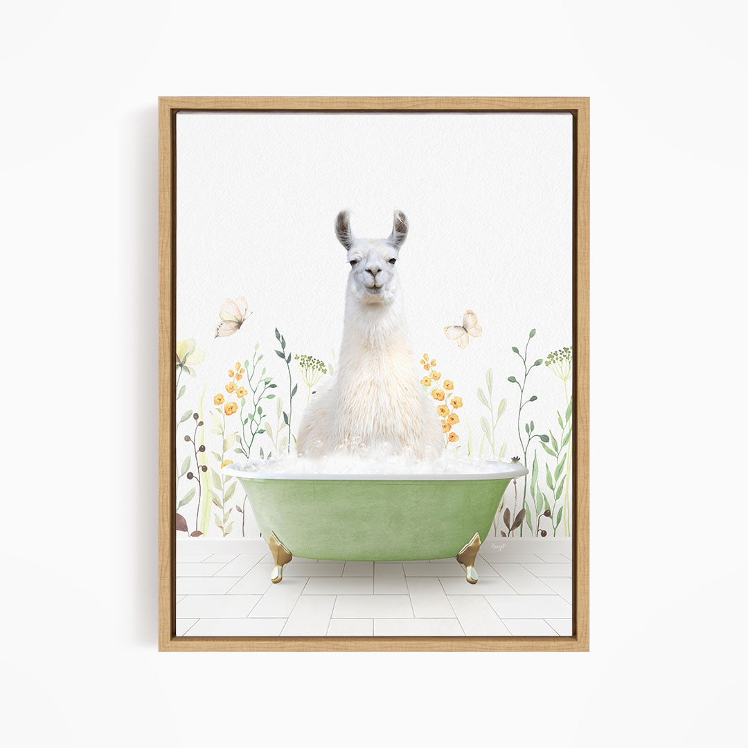 A white llama sitting in a green bathtub filled with bubbles, surrounded by flowers and butterflies.