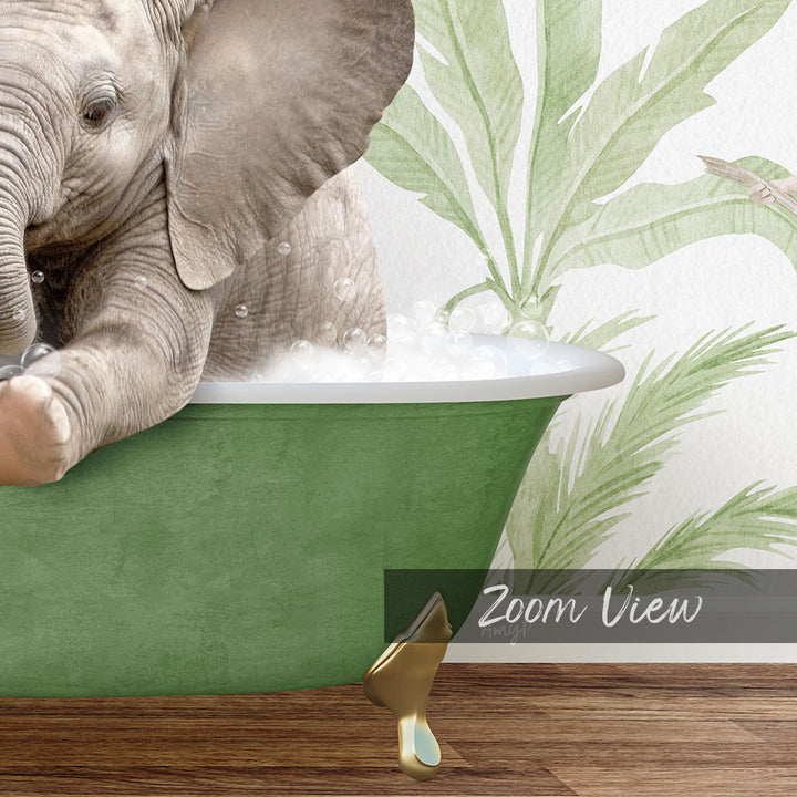 A baby elephant sitting in a green bathtub, surrounded by a tropical plant wallpaper.