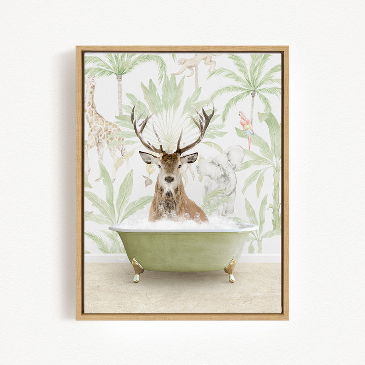 A deer with antlers is sitting in a green bathtub, surrounded by tropical foliage and animals.