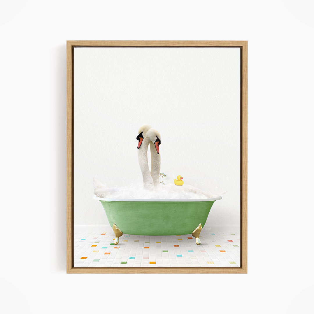 A pair of swans bathing in a green bathtub, with a yellow rubber duck floating in the water.
