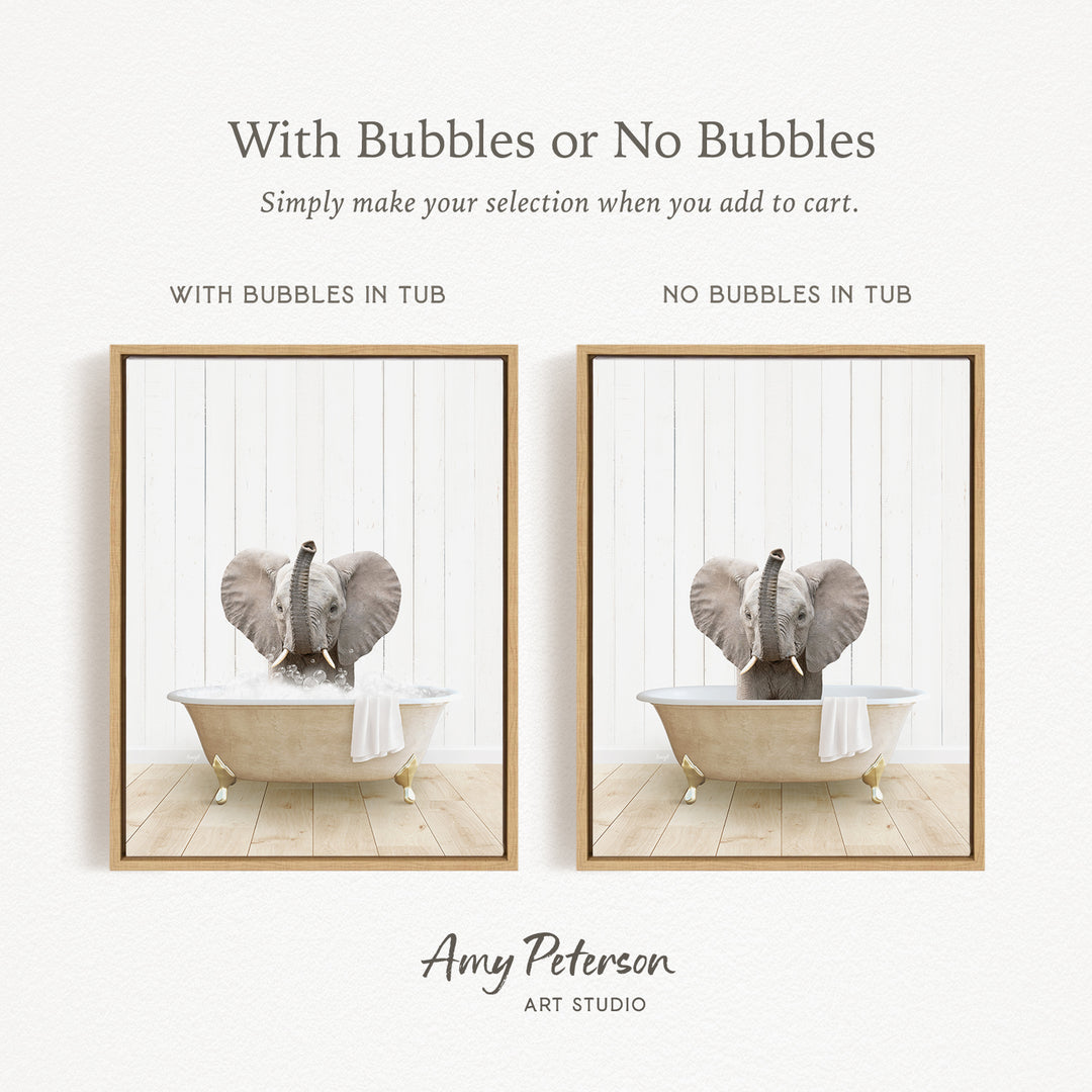 The image is a collage of two pictures featuring an elephant in a bathtub. The first picture shows the elephant with bubbles in the tub, while the second picture shows the elephant without bubbles in the tub. The text above the images reads "With Bubbles or No Bubbles Simply make your selection when you add to cart."