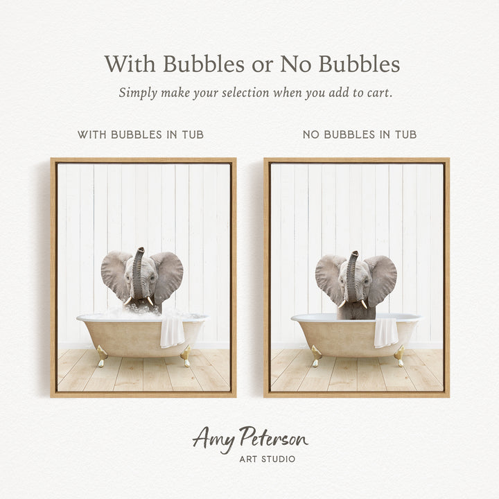 The image is a collage of two pictures featuring an elephant in a bathtub. The first picture shows the elephant with bubbles in the tub, while the second picture shows the elephant without bubbles in the tub. The text above the images reads "With Bubbles or No Bubbles Simply make your selection when you add to cart."