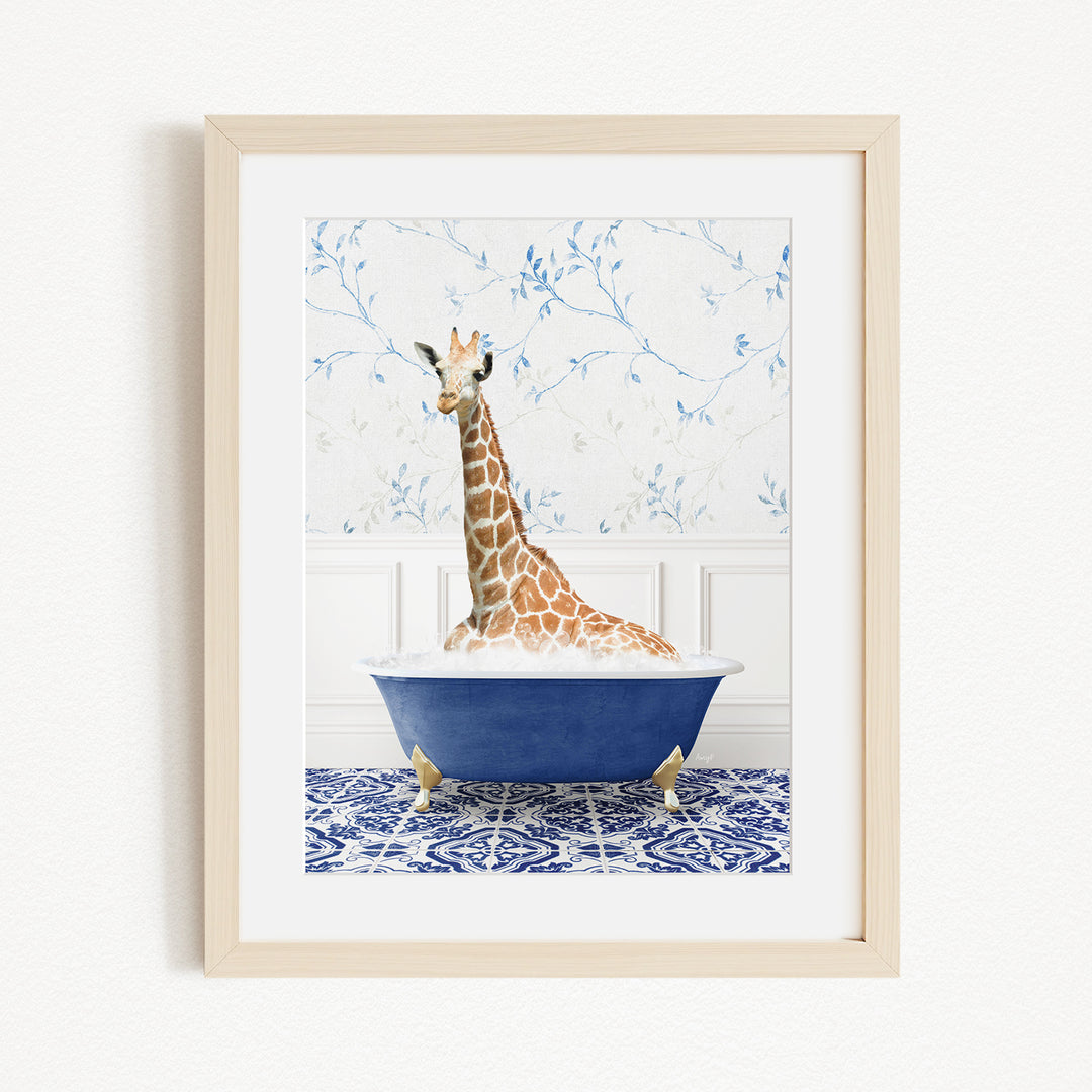 A giraffe sitting in a blue bathtub, surrounded by a blue and white patterned floor.