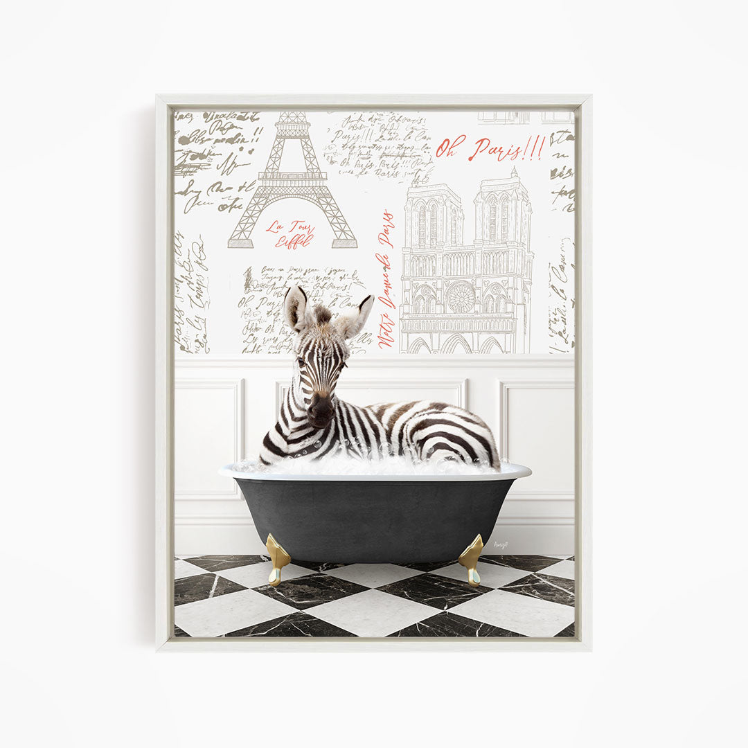 A zebra is sitting in a bathtub, surrounded by various Paris-themed elements such as the Eiffel Tower and other landmarks.