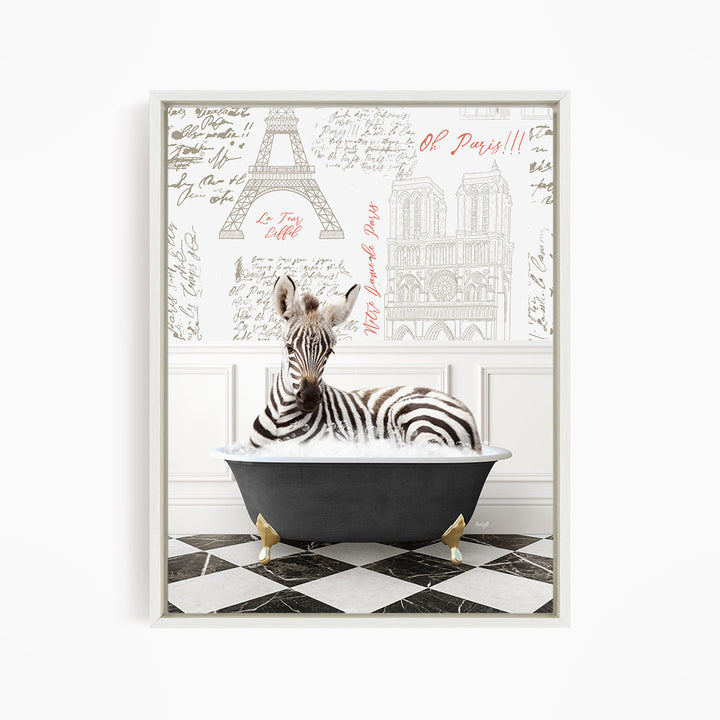 A zebra is sitting in a bathtub, surrounded by various Paris-themed elements such as the Eiffel Tower and other landmarks.