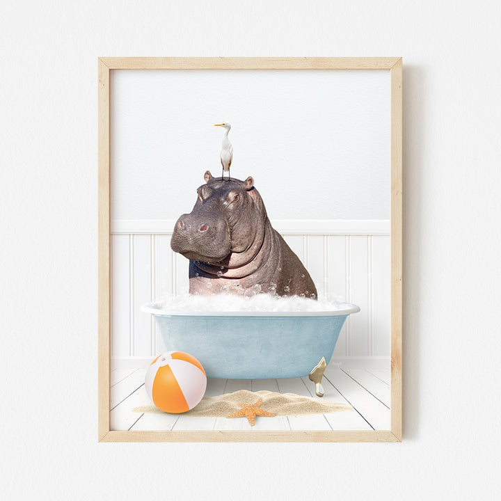 a hippo in a bathtub with a bird on top of it