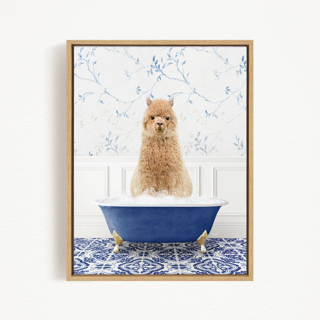 A fluffy brown dog is sitting in a blue bathtub filled with water, surrounded by a blue and white patterned rug on the floor.