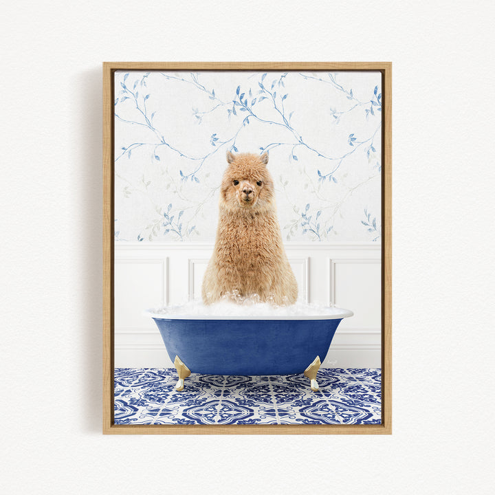A fluffy brown dog is sitting in a blue bathtub filled with water, surrounded by a blue and white patterned rug on the floor.