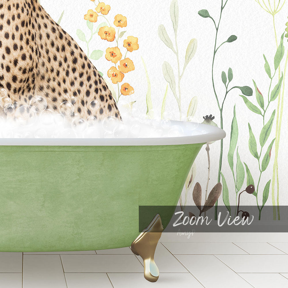 A leopard sitting in a green bathtub filled with water, surrounded by a floral mural on the wall.