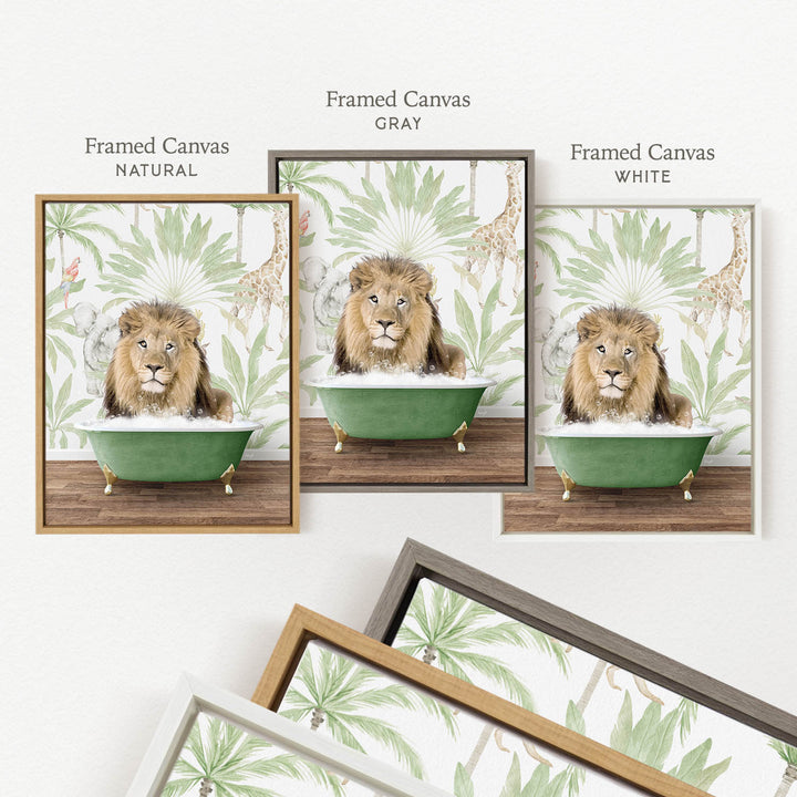 a framed canvas with a lion sitting in a bathtub, surrounded by a tropical jungle scene.