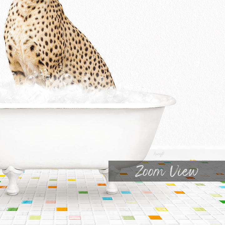 A cheetah standing in a white bathtub filled with water, with colorful tiles on the floor.