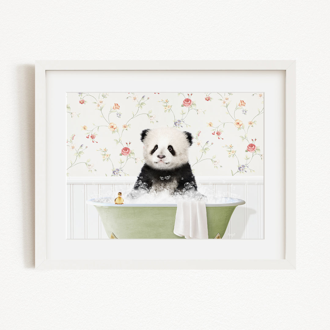 A panda bear sitting in a green bathtub filled with bubbles, surrounded by a floral wallpaper.