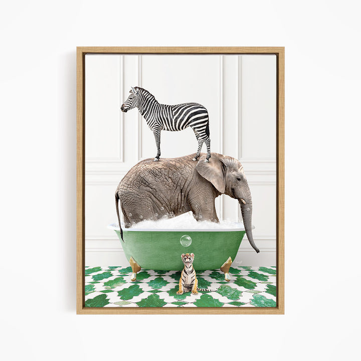 A zebra stands on the back of an elephant, which is submerged in a green bathtub, with a tiger sitting nearby.