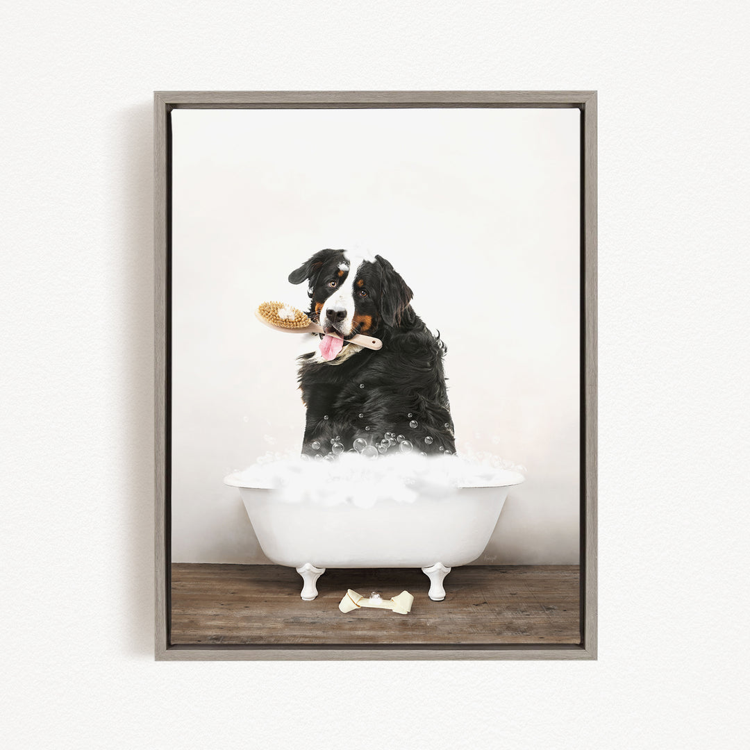 A black and white dog sitting in a white bathtub, holding a brush in its mouth, with bubbles surrounding it.