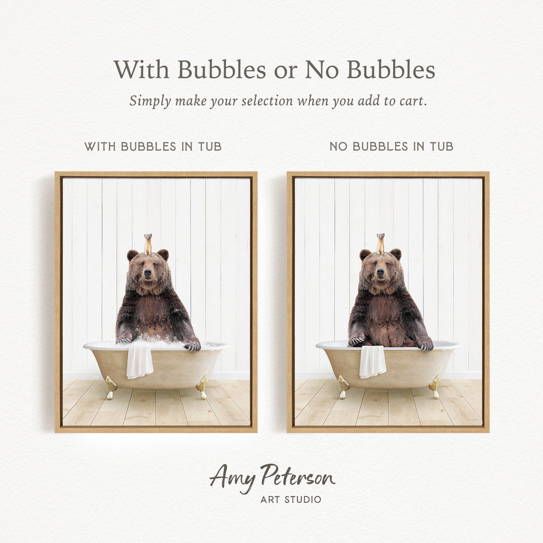 a bear sitting in a bathtub, with the text "With Bubbles or No Bubbles" above the images.