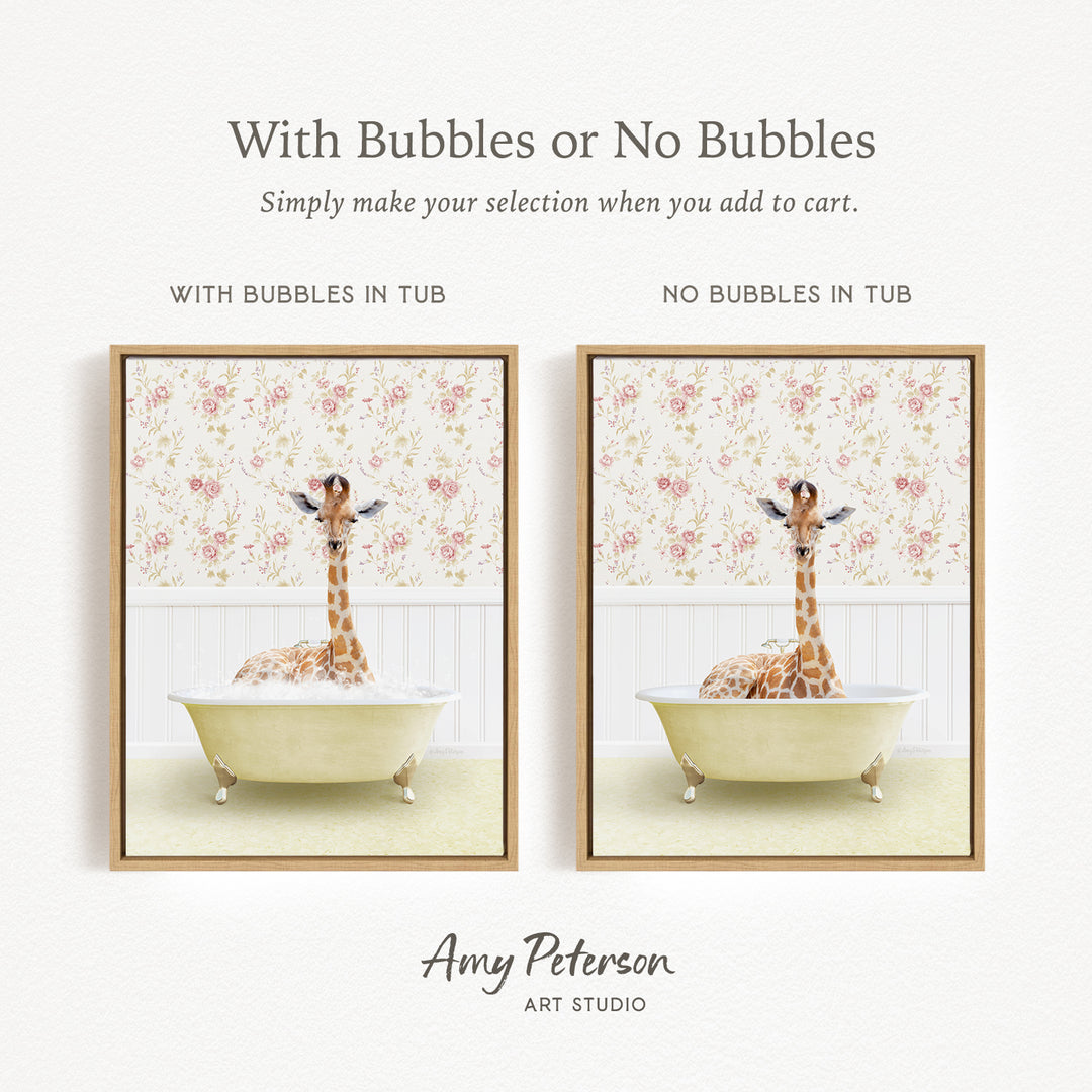 The image is a collage of two framed pictures, each depicting a giraffe in a bathtub. The text above the images reads "With Bubbles or No Bubbles" and below the images, it says "Simply make your selection when you add to cart."