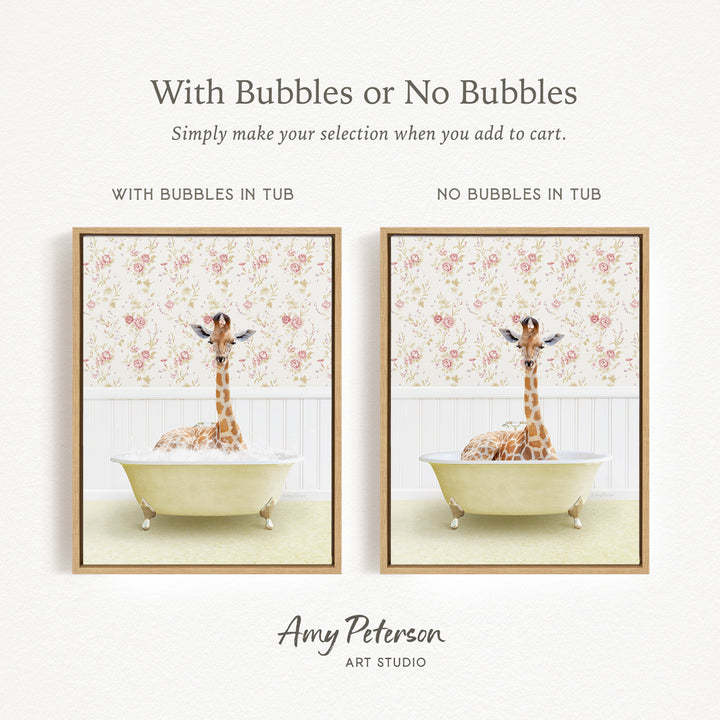 The image is a collage of two framed pictures, each depicting a giraffe in a bathtub. The text above the images reads "With Bubbles or No Bubbles" and below the images, it says "Simply make your selection when you add to cart."