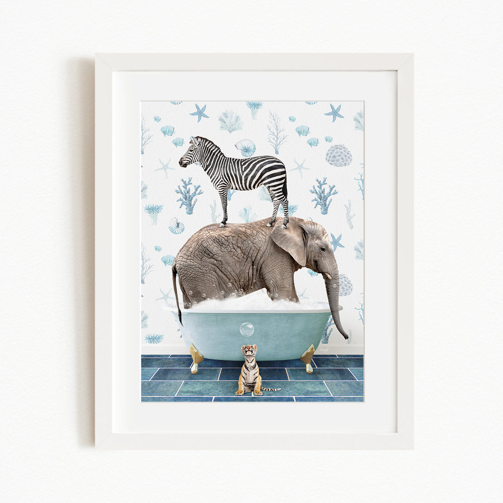 A collage of various animals, including a zebra, elephant, tiger, and other wildlife, in a bathtub filled with bubbles.