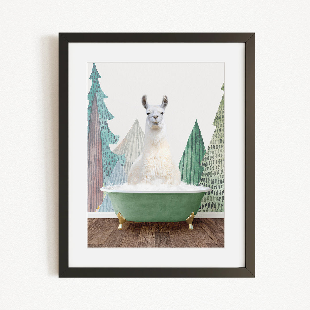 A white llama sitting in a green bathtub, surrounded by stylized trees and a snowy landscape.