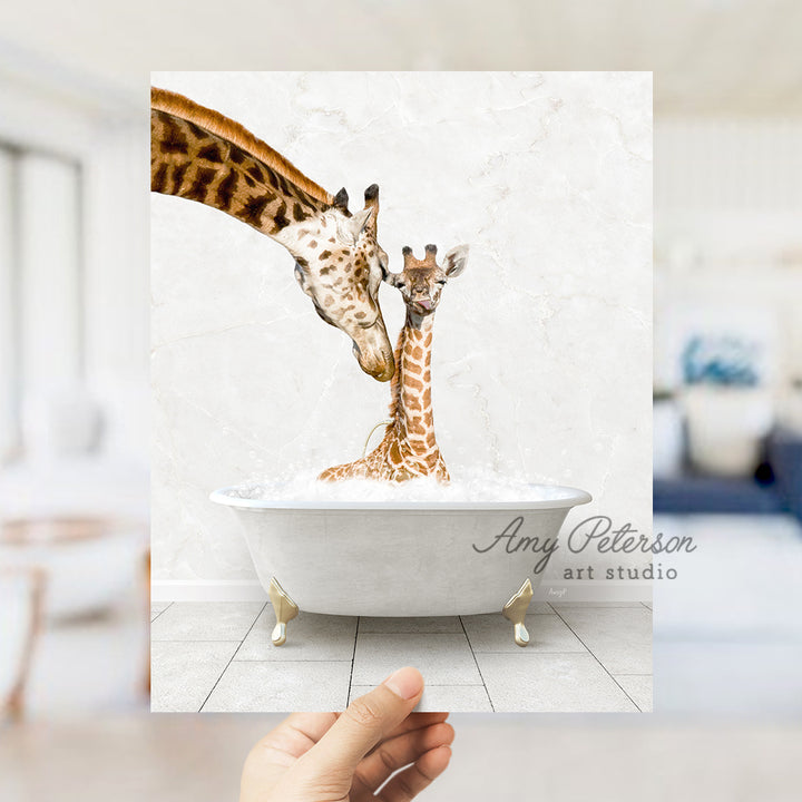 a giraffe sticking its head into a bathtub with another giraffe