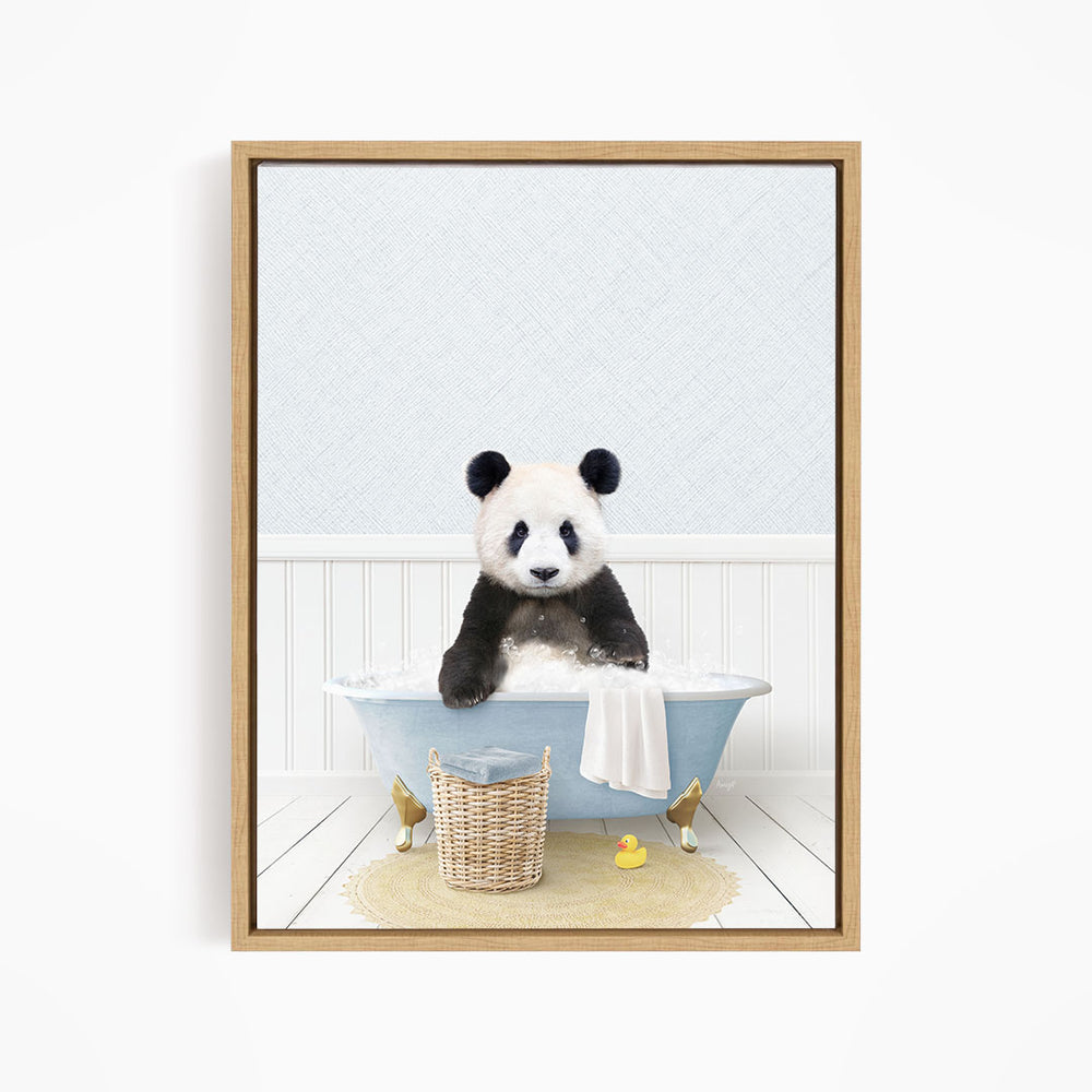 A panda bear sitting in a blue bathtub filled with bubbles, surrounded by rubber ducks and a basket.