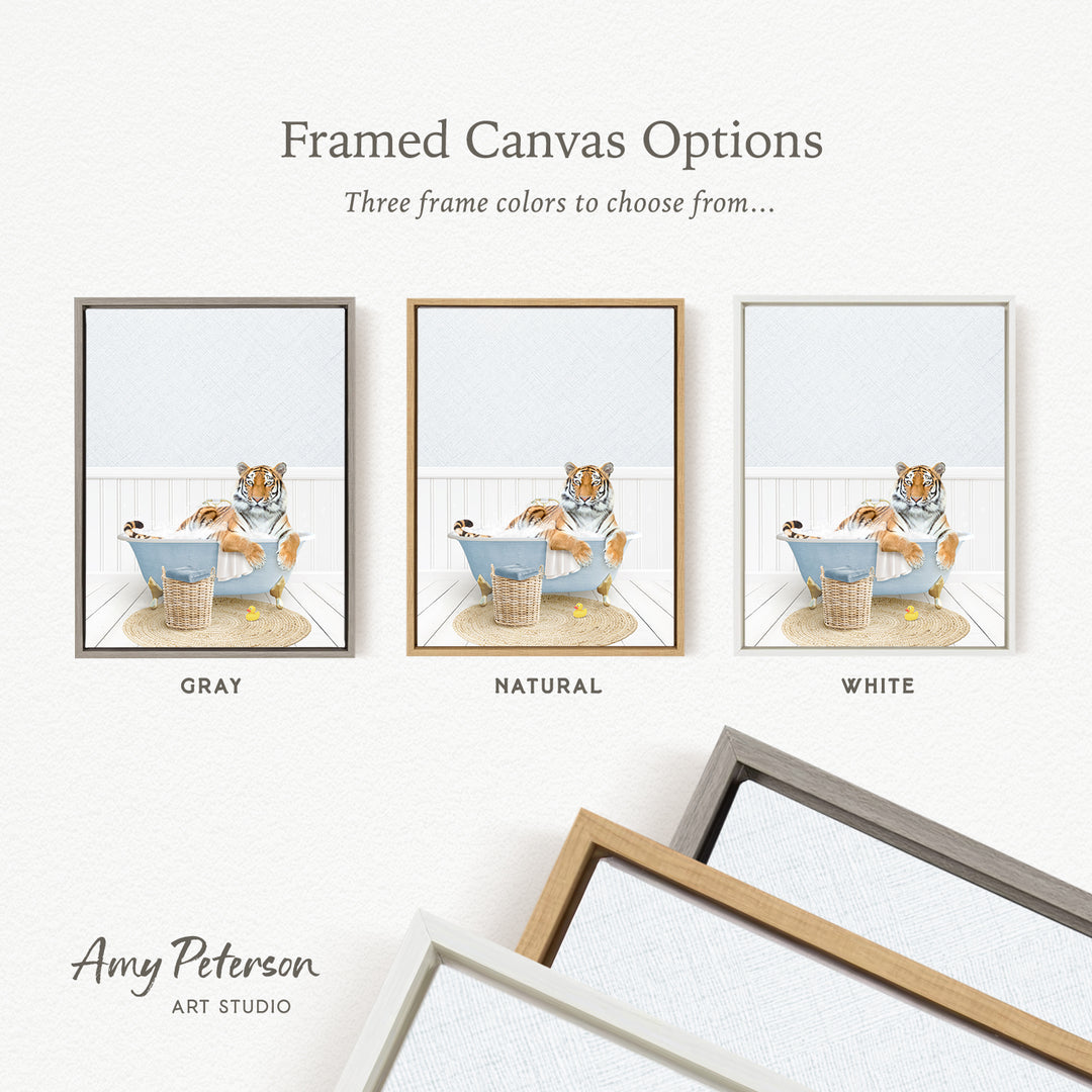 three framed canvas options, each featuring a tiger sitting in a bathtub with a dog. The options include a gray frame, a natural frame, and a white frame.