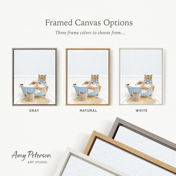 three framed canvas options, each featuring a tiger sitting in a bathtub with a dog. The options include a gray frame, a natural frame, and a white frame.