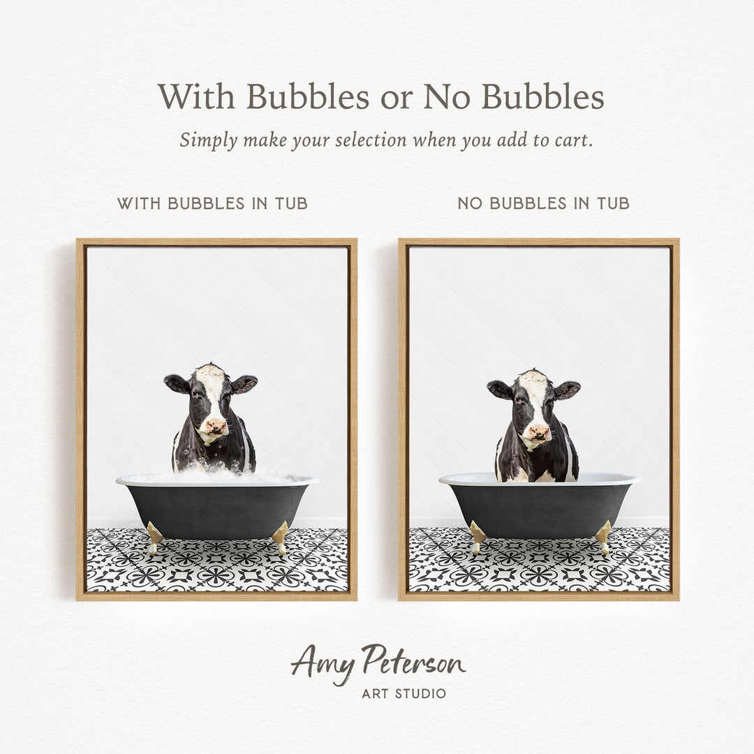 The image is a collage of two framed pictures, each depicting a cow in a bathtub. The cow in the first picture has bubbles in the tub, while the cow in the second picture does not have bubbles in the tub. The collage is titled "With Bubbles or No Bubbles" and is created by Amy Peterson from Art Studio.