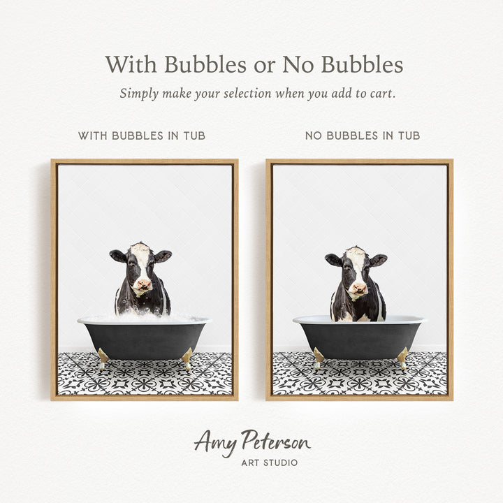 The image is a collage of two framed pictures, each depicting a cow in a bathtub. The cow in the first picture has bubbles in the tub, while the cow in the second picture does not have bubbles in the tub. The collage is titled "With Bubbles or No Bubbles" and is created by Amy Peterson from Art Studio.