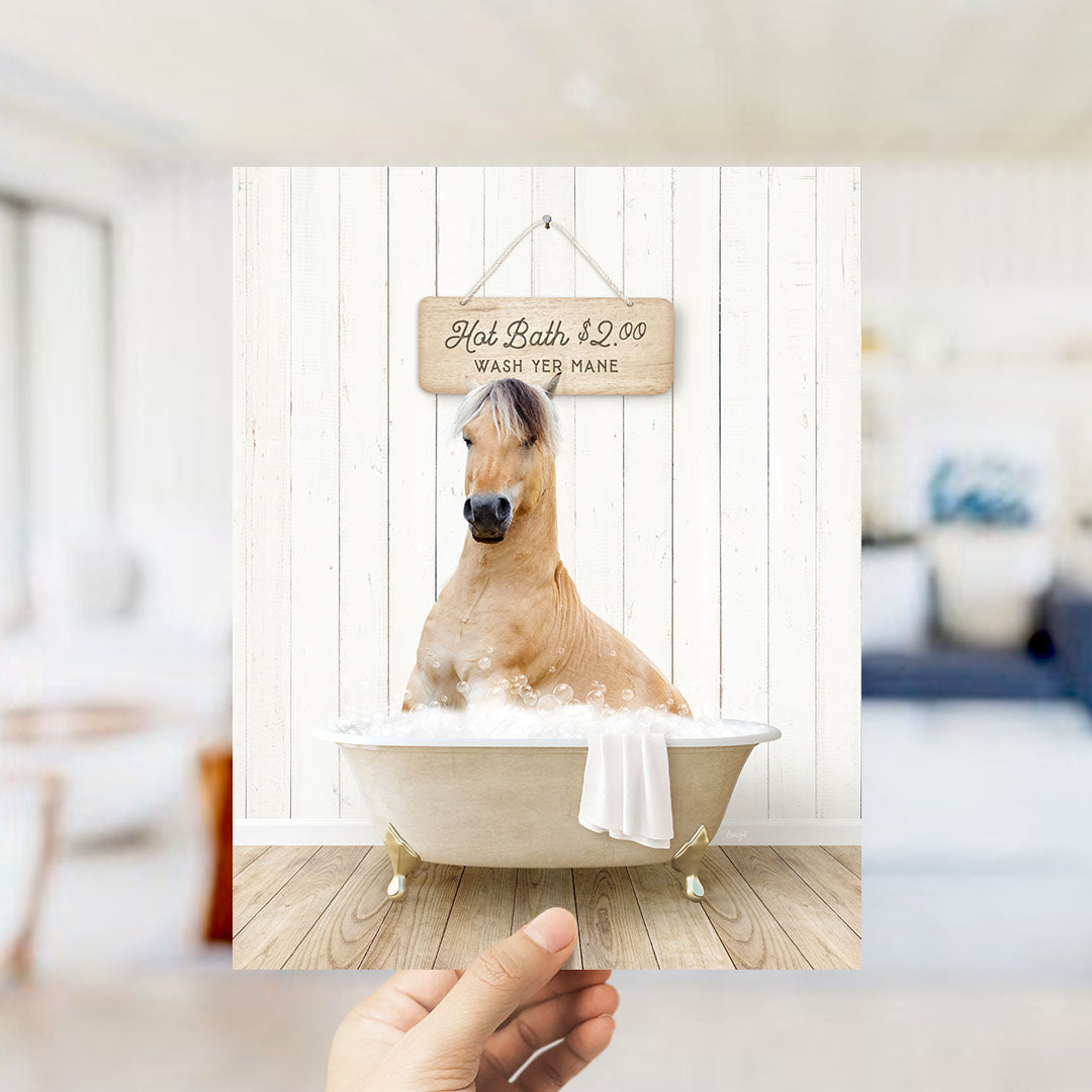 A hand holding a framed image of a horse sitting in a bathtub, with a sign above it that says "Hot Bath $2.00 WASH YE MANE".
