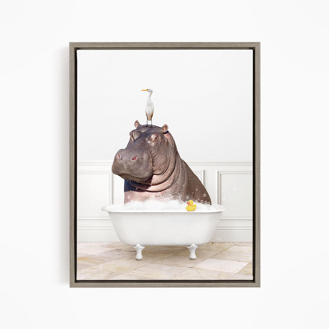 A hippopotamus sitting in a bathtub, with a bird perched on its head.