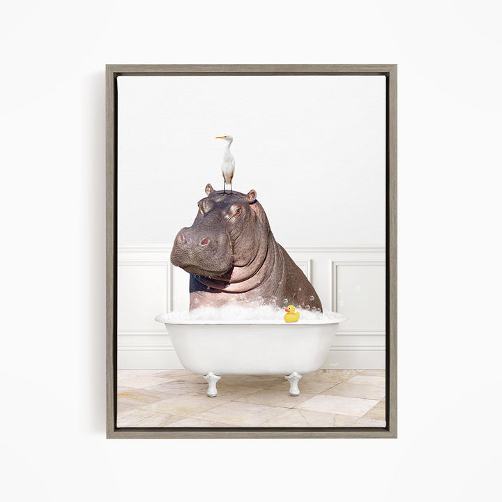 A hippopotamus sitting in a bathtub, with a bird perched on its head.