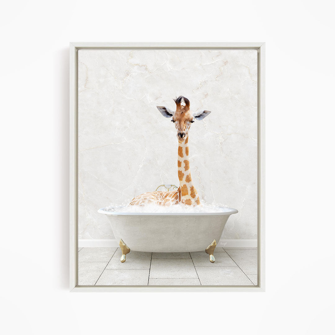 A giraffe is sitting in a white bathtub filled with water, creating a whimsical and playful scene.