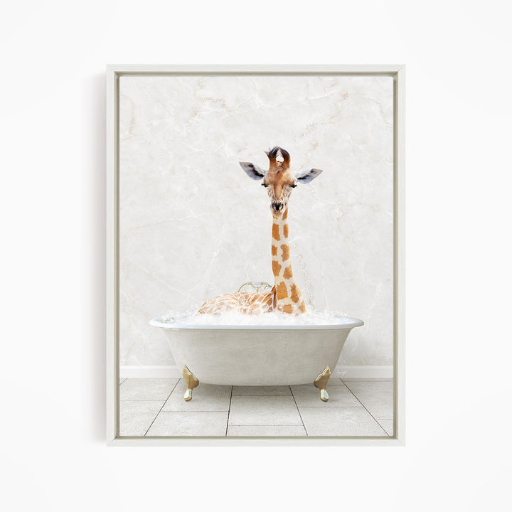 A giraffe is sitting in a white bathtub filled with water, creating a whimsical and playful scene.