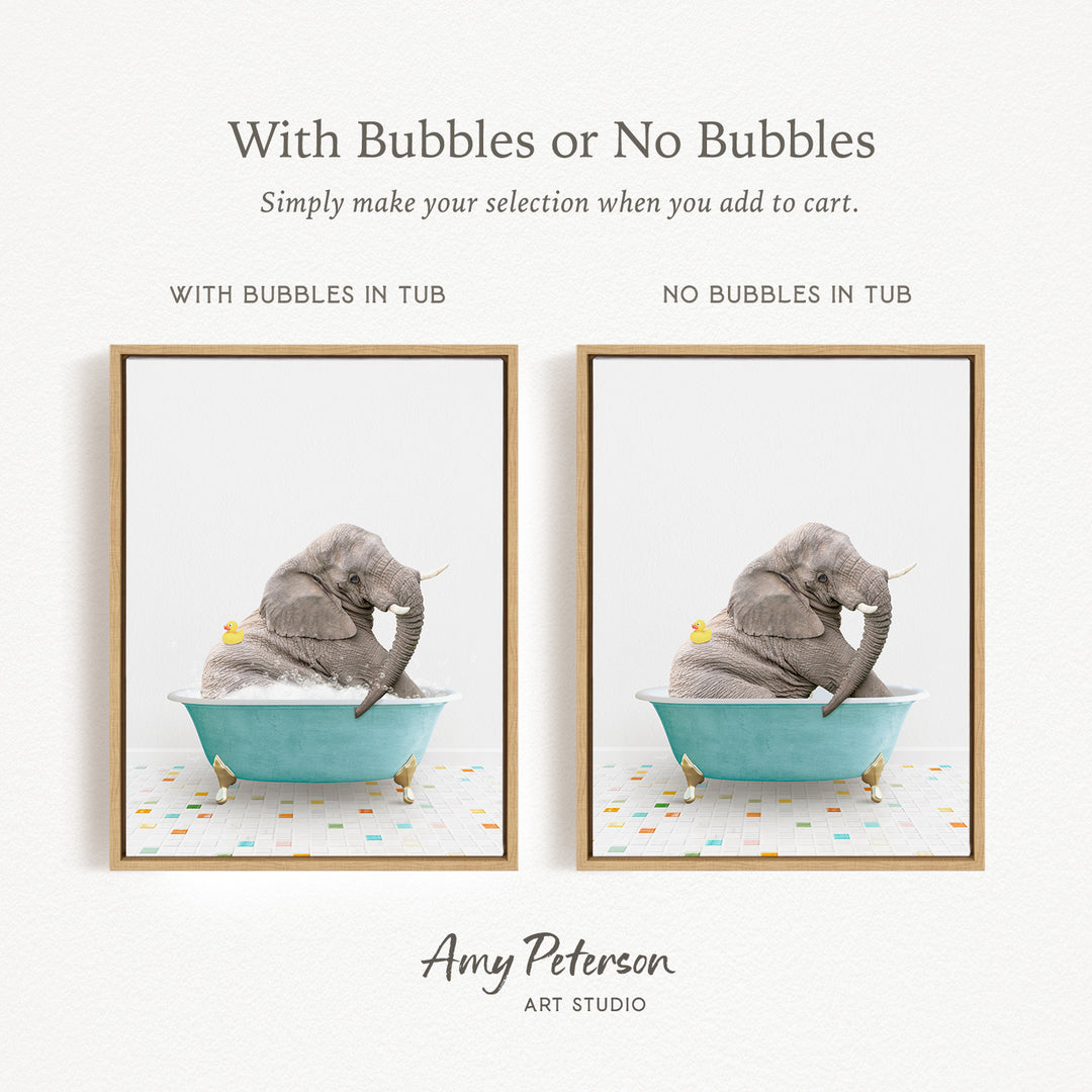 The image is a collage of two pictures, each featuring an elephant sitting in a bathtub. The elephant in the bathtub has a yellow rubber duck, and the bathtub is blue. The text above the images reads "With Bubbles or No Bubbles" and "Simply make your selection when you add to cart."
