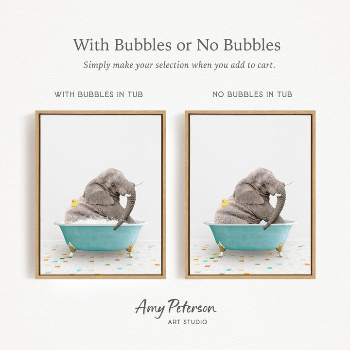The image is a collage of two pictures, each featuring an elephant sitting in a bathtub. The elephant in the bathtub has a yellow rubber duck, and the bathtub is blue. The text above the images reads "With Bubbles or No Bubbles" and "Simply make your selection when you add to cart."