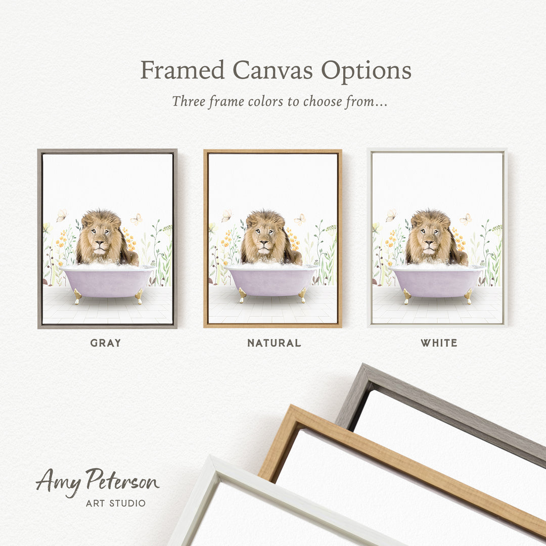 three framed canvas options featuring a lion sitting in a bathtub, with each option having a different frame color: gray, natural, and white.