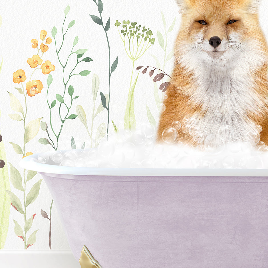 a fox sitting in a bathtub full of bubbles