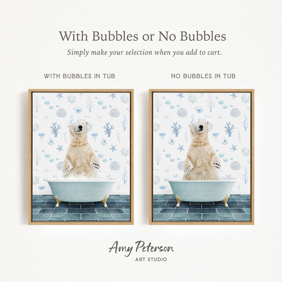 The image is a collage of two pictures featuring a polar bear sitting in a bathtub. The polar bear is sitting on a blue and white tiled floor, and the bathtub is filled with bubbles. The polar bear appears to be enjoying the bath, surrounded by the bubbles. The image does not contain any text, and the polar bear is the main subject.